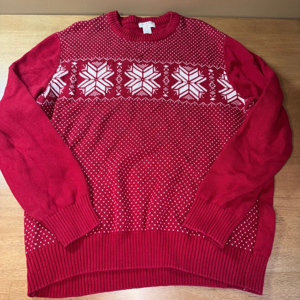 Dockers Mens XL Red Fair Isle Snowflake Cotton Knit Crewneck Sweater Pullover